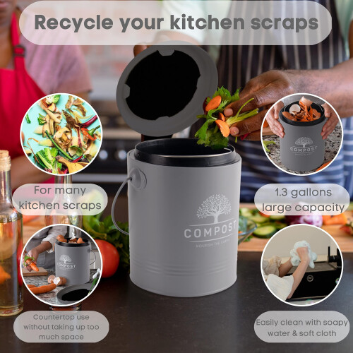 Perfnique Kitchen Compost Bin 13 Galloni Compost Bin da banco con coperchio Compost Bin per interni Include rivestimento interno e 2