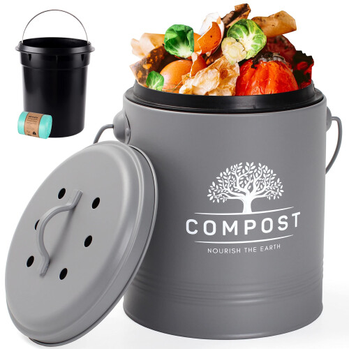 Perfnique Kitchen Compost Bin 13 Galloni Compost Bin da banco con coperchio Compost Bin per interni Include rivestimento interno e