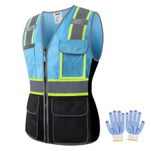 JKWEARSA Sicherheitsweste fr Damen, hohe Sichtbarkeit, reflektierende Arbeitsweste mit mehreren Taschen und Reiverschluss, Blau und Schwarz, Gre