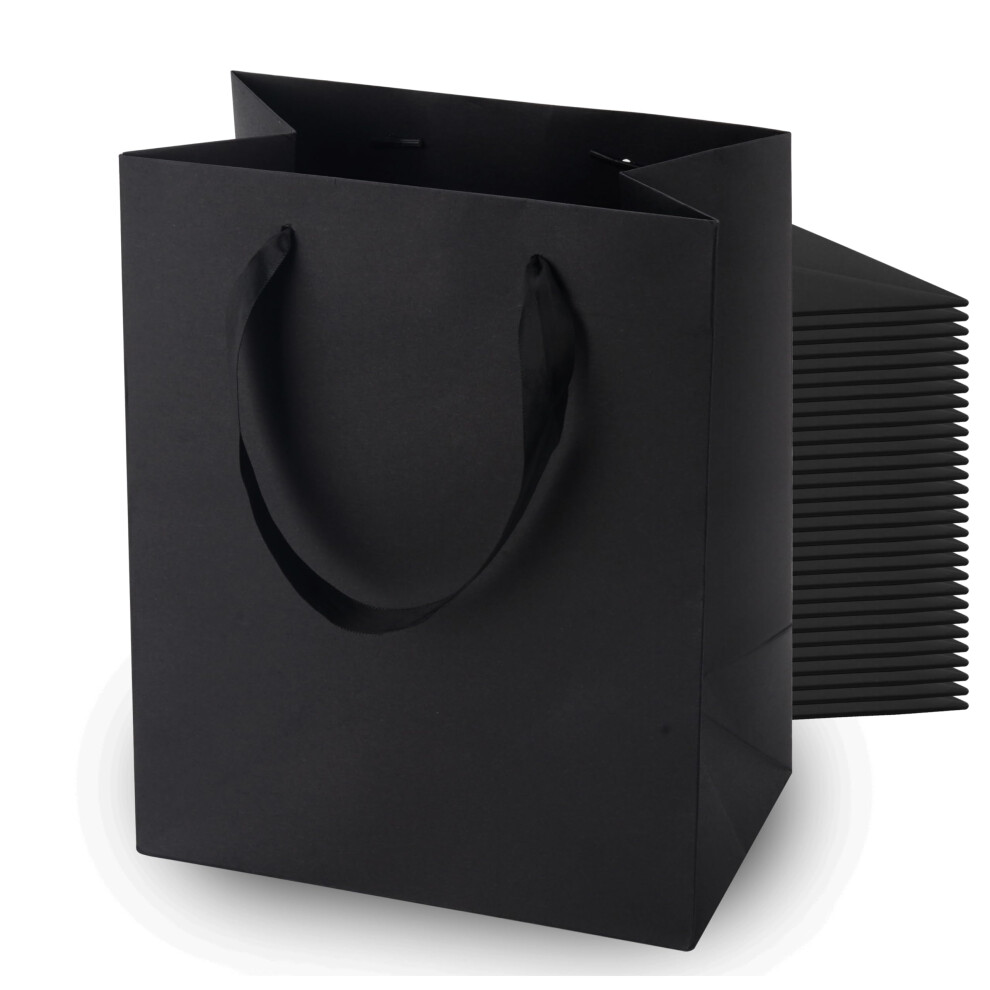 Sacchetti Regalo Neri Medi 30 Sacchetti Di Carta Kraft 8 X 5 X 10 Pollici, Sacchetti Della Spesa Neri Con Manici Sfusi, Sacchetti Di Imballaggio Al Dettaglio Per Affari, Commestibili Fai Da Te,-image