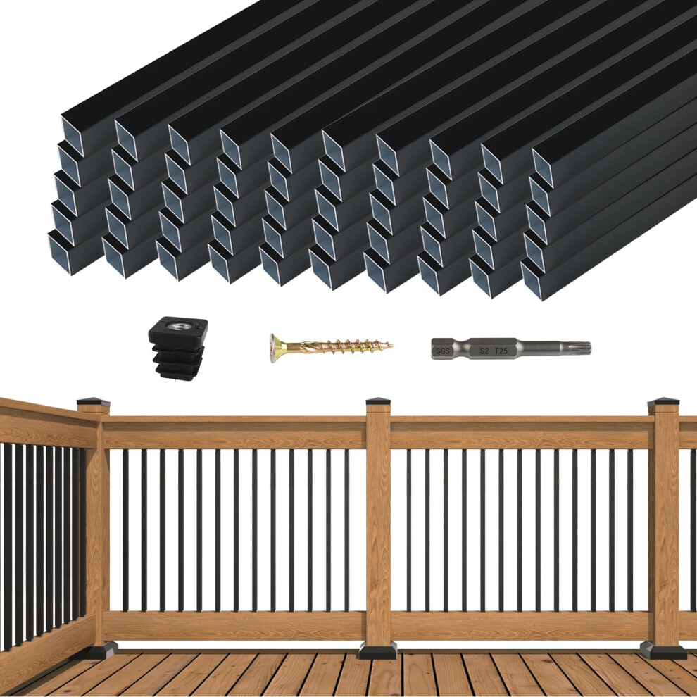 Muzata 50 Pack 26 x34 Aluminum Deck Balusters Square Black Deck Railing Stair Porch Staircase Spindles for Wood and Composi