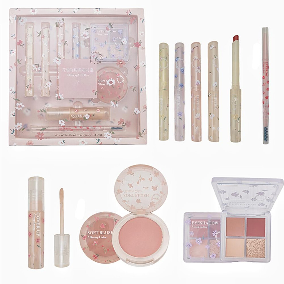 Wasaiggon Makeup Kit For Women 8 Pieces Makeup Sets, 4 Color Lipsticks& Eyeshadow, Eyebrow Pencil, Concealer, Blush Palette 8Pcs Gift Box Makeup Bundle Value Se