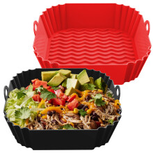 FROVEN 8 tommer silikone luftfriturebekl?dning Firkantet (2 pakke) R?d og sort genanvendelige non-stick indsatser med h?ndtag til rodfri madlavni