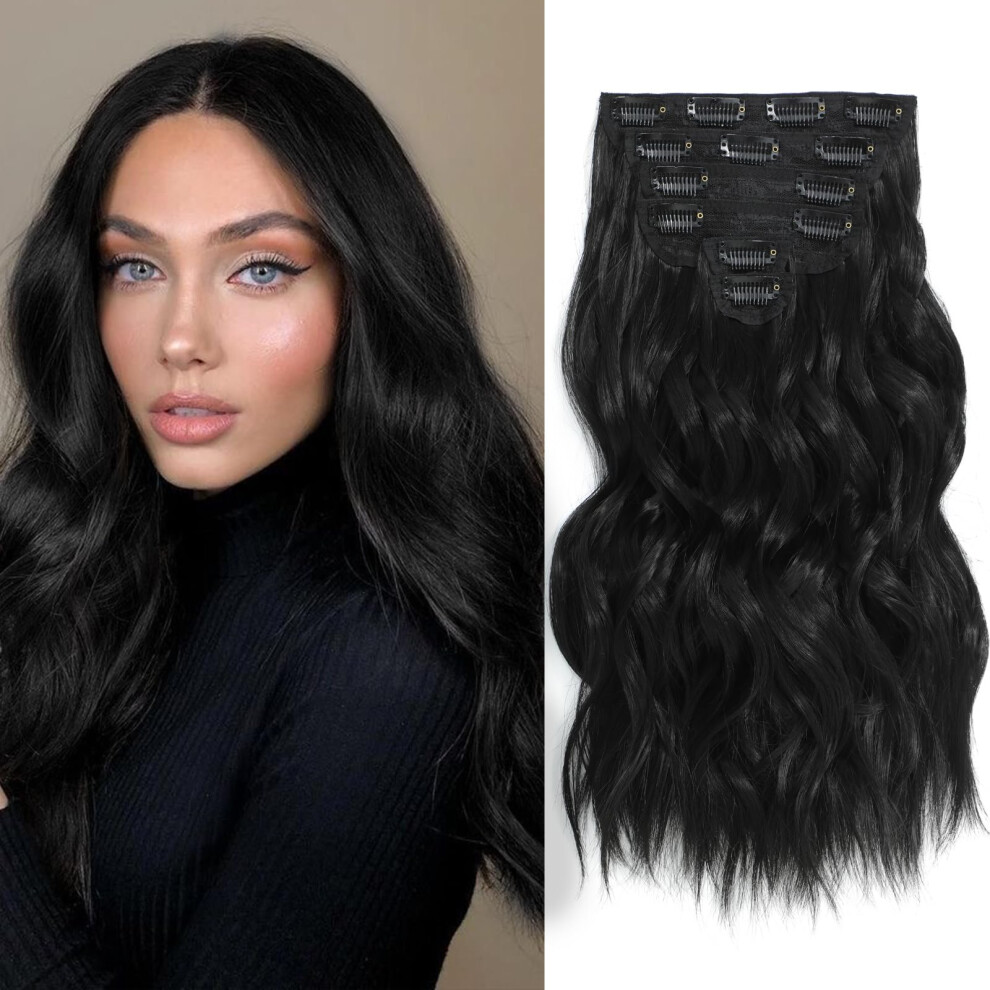 Vliegen Fliace Clip In Hair Extensions 6 Pcs 1 6 Inch Hair Extensions Clip Ins Black Long Wavy Hairpieces(16Inch 6Pcs Black)