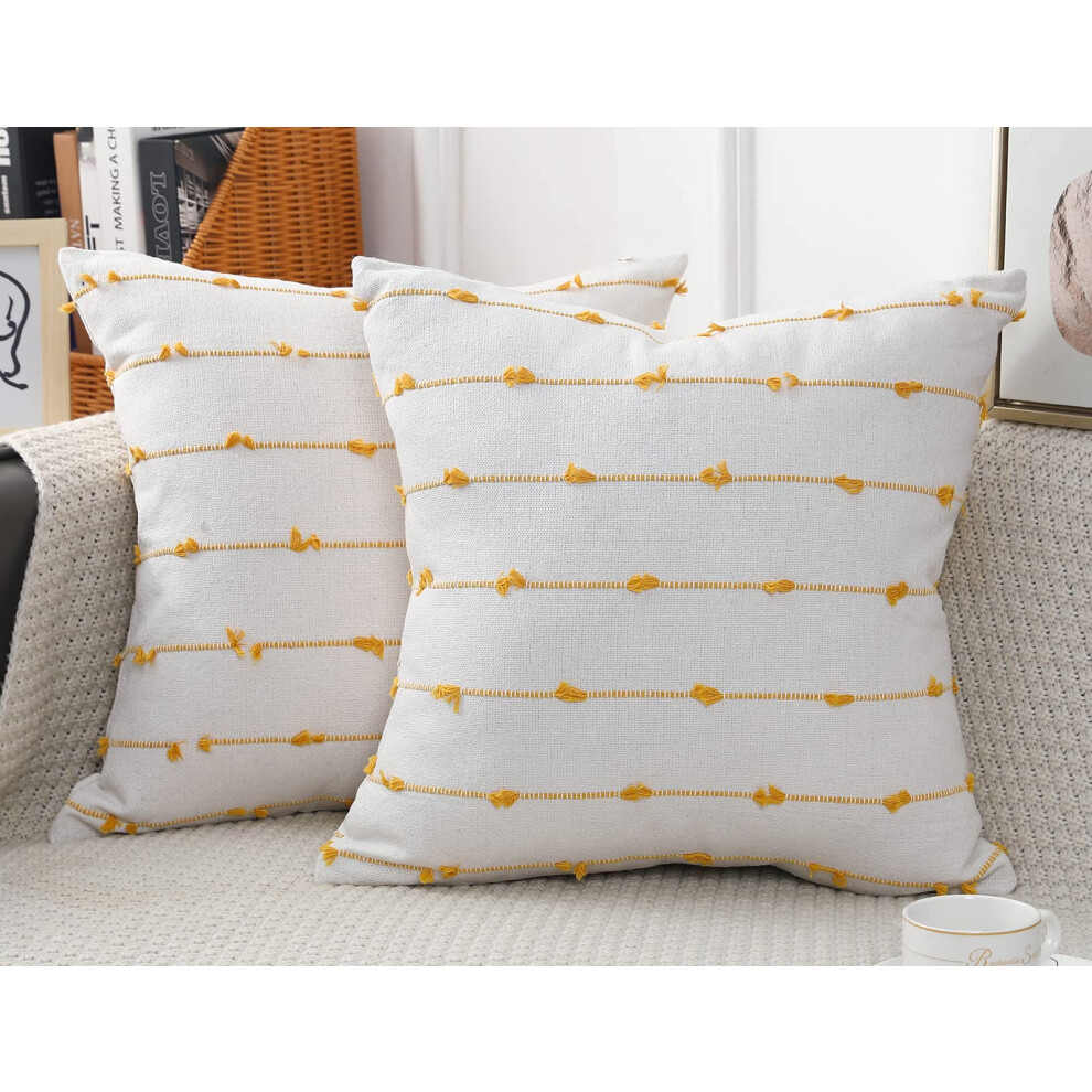 NUYECY Lot de 2 housses de coussin boh   me 28 x 28 beige jaune neutre avec franges d   coratives pour canap   , lit, salon