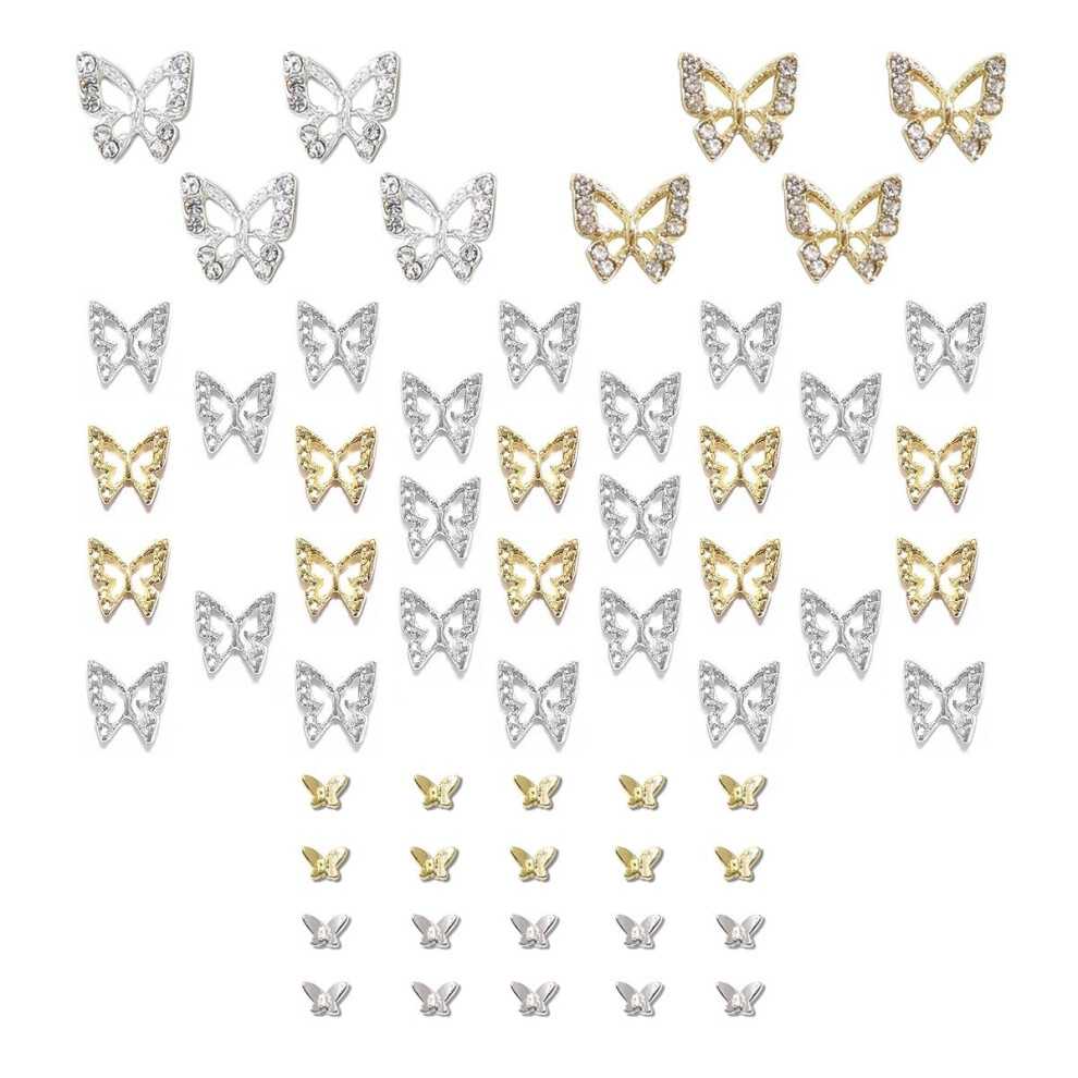 Qiipii Golden/Silver Butterfly Nail Charms, 58Pcs 3D Butterfly Charms For Acrylic Nails, 8 Butterflies Nail Rhinestones Gems Charms +50 Alloy Studs, Nail Art