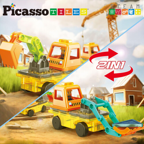 PicassoTiles Μαγνητικά Τουβλάκια 2 σε 1 Εκσκαφέας & Φορτωτής με Βάση Αυτοκινήτου 2