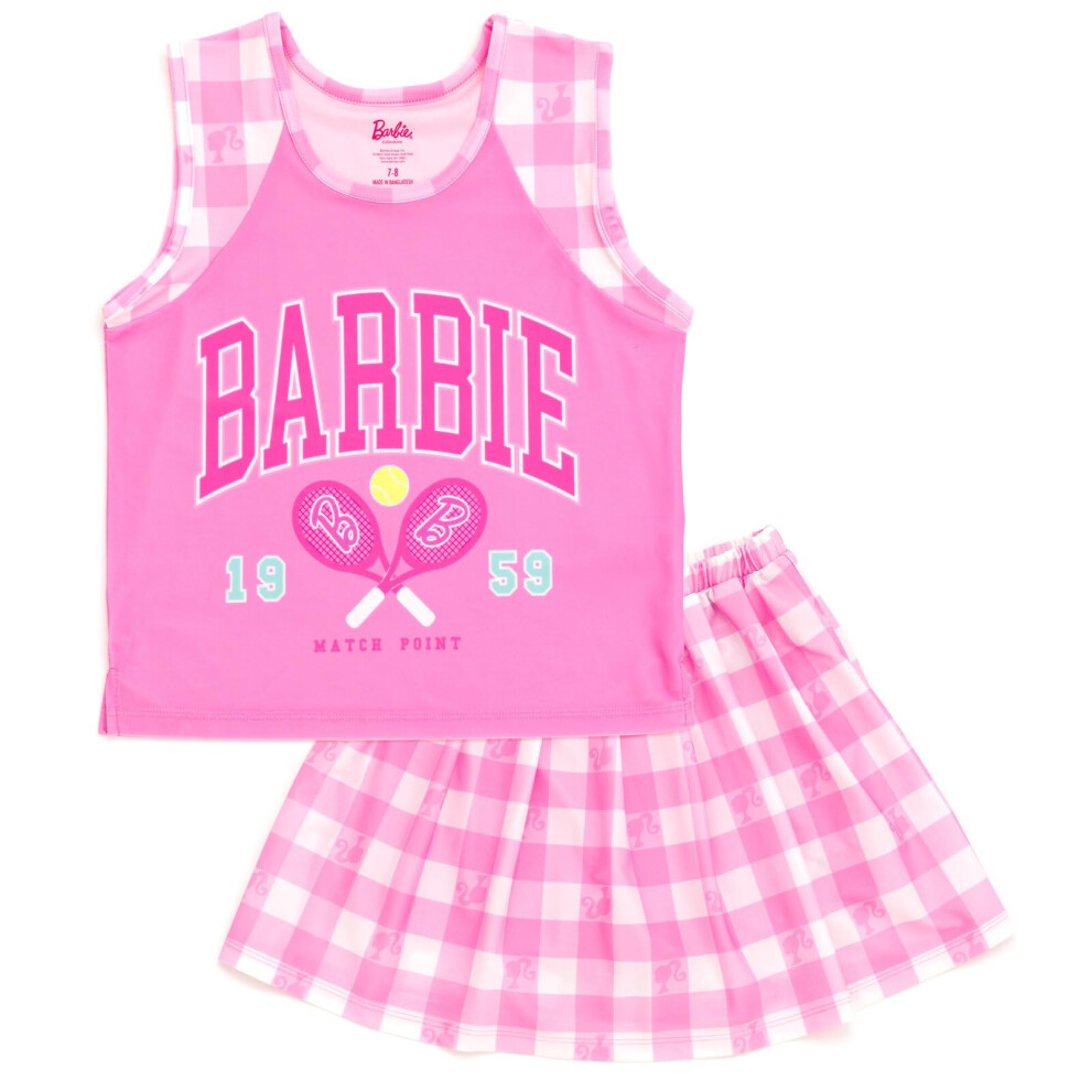 Barbie Big Girls Tank Top and Pleated Skort Outfit Set Checkered Pink 10-12