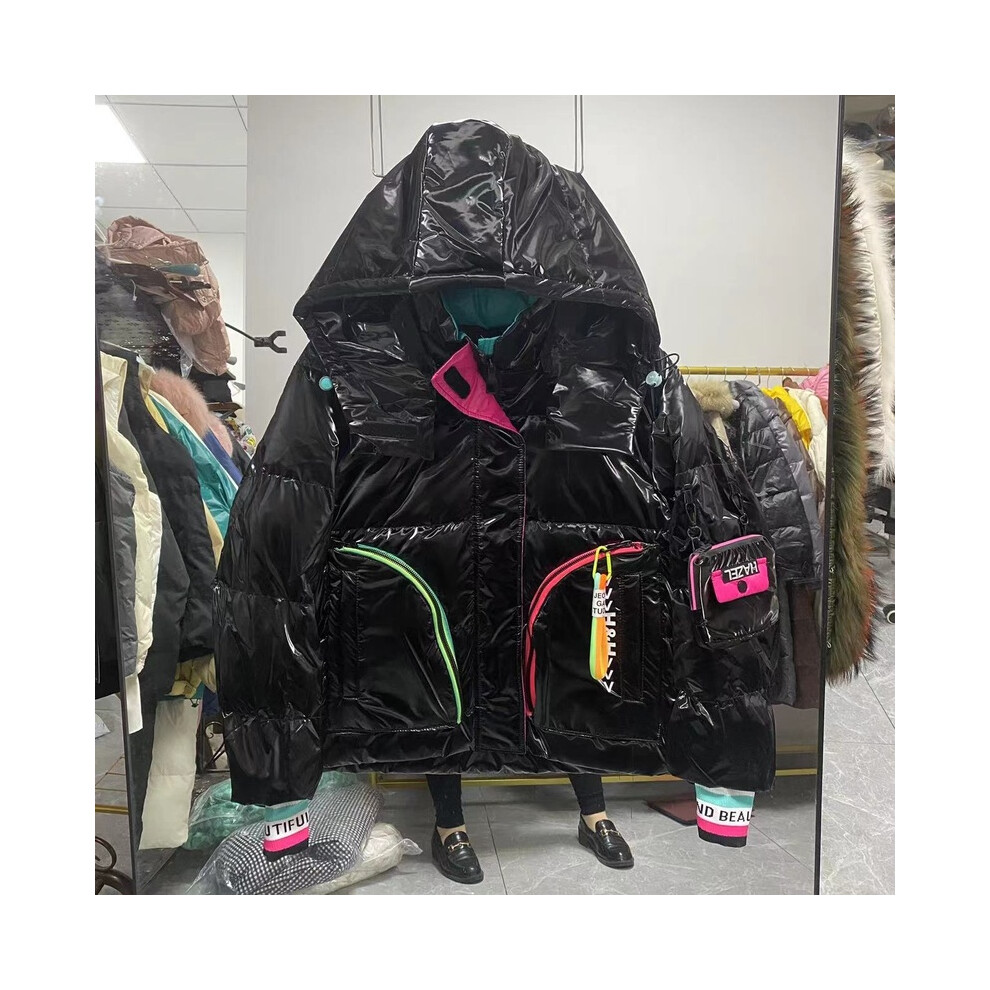 (Noir court, M) Parka brillante manteau de neige mode féminine épaissir hiver à capuche ample longue veste femme coupe-vent