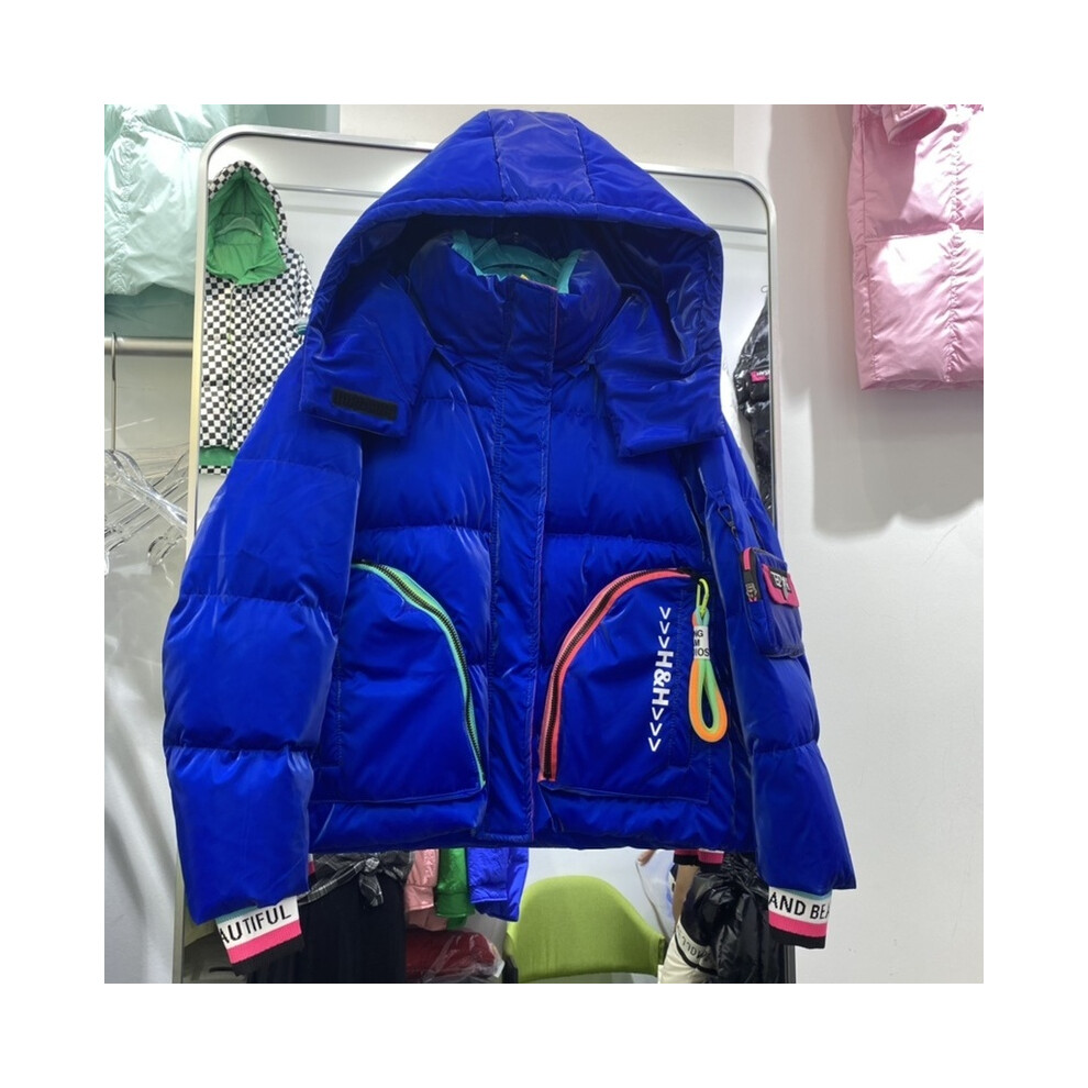 (Bleu court, L) Parka brillante manteau de neige mode féminine épaissir hiver à capuche veste longue ample femme coupe-vent