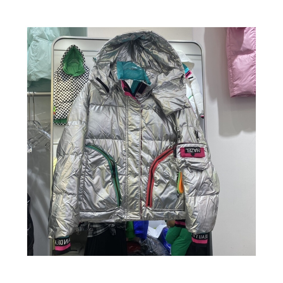 (Argent court, M) Parka brillante manteau de neige mode féminine épaissir hiver à capuche ample longue veste femme coupe-vent
