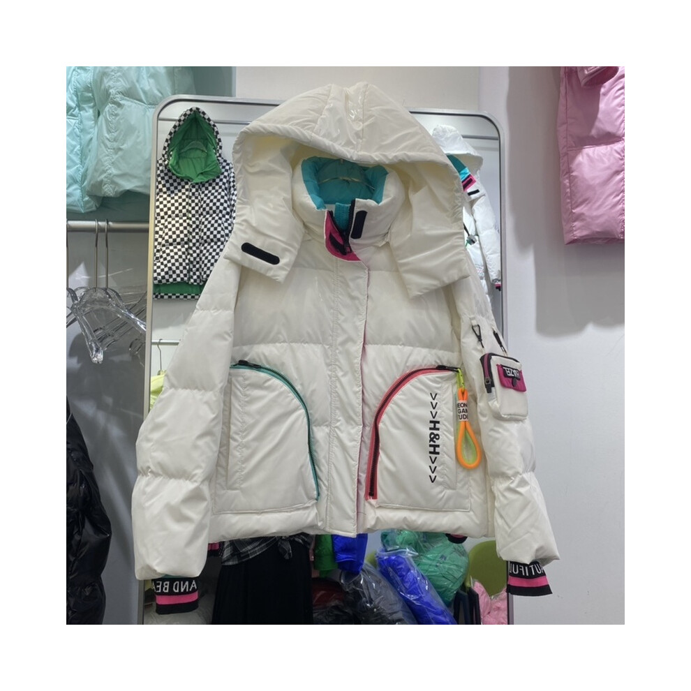 (Blanc court, M) Parka brillante manteau de neige mode féminine épaissir hiver à capuche ample longue veste femme coupe-vent