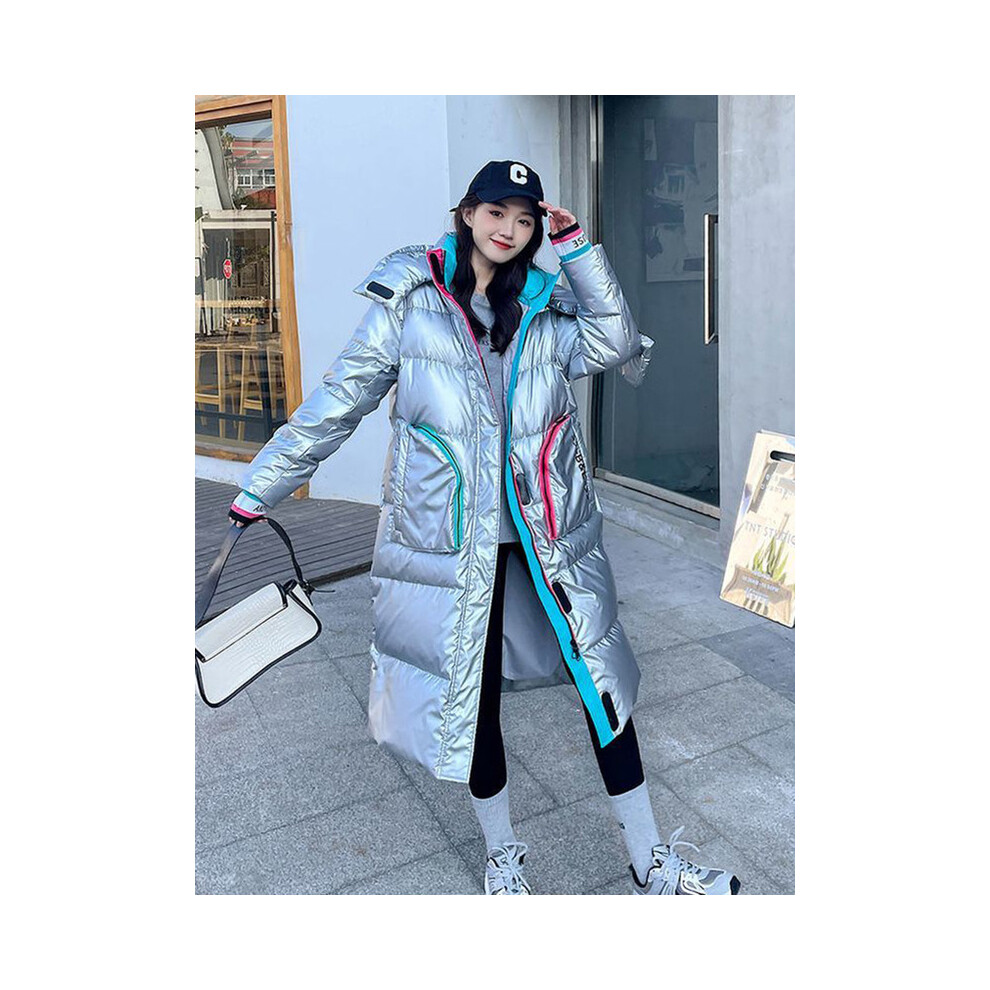 (Argent Long, M) Parka brillante manteau de neige mode féminine épaissir hiver à capuche veste longue ample femme coupe-vent