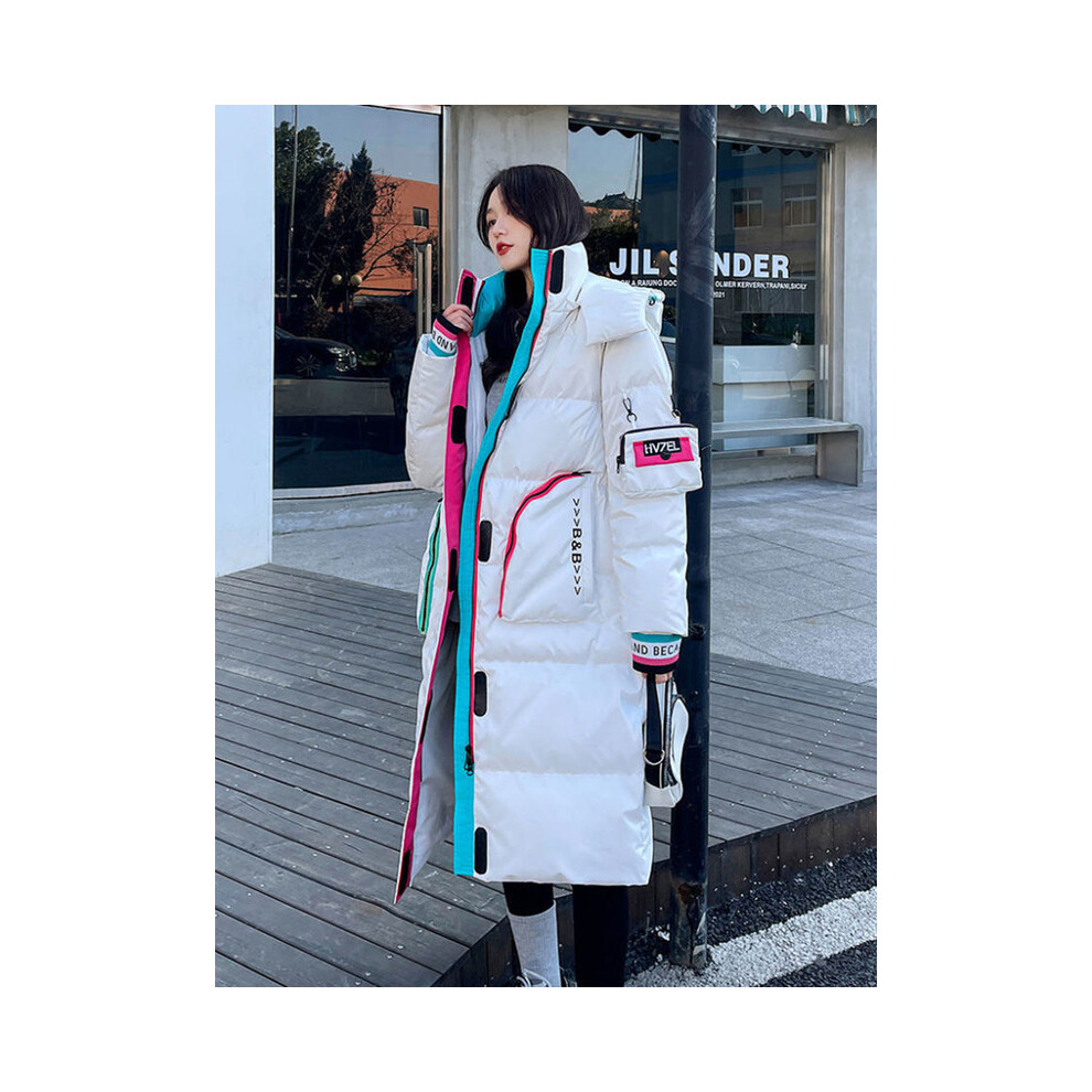 (Blanc Long, L) Parka brillante manteau de neige mode féminine épaissir hiver à capuche veste longue ample femme coupe-vent