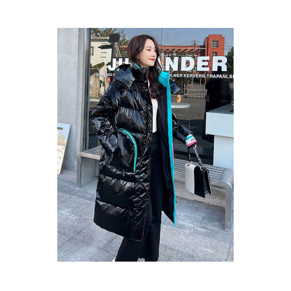 (Noir Long, M) Parka brillante manteau de neige mode féminine épaissir hiver à capuche veste longue ample femme coupe-vent
