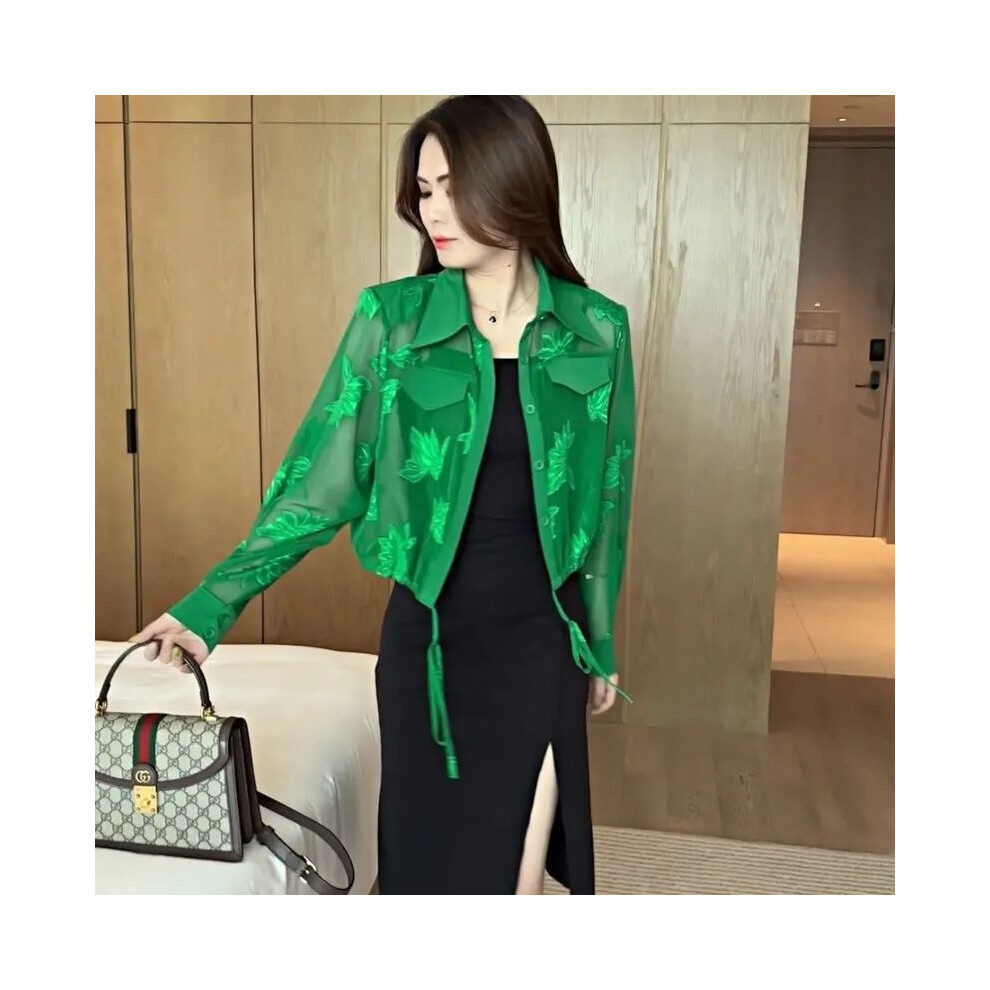 (Vert, S) Chemise en mousseline Veste de protection solaire et nouveau printemps été Fashiona veste courte à manches longues