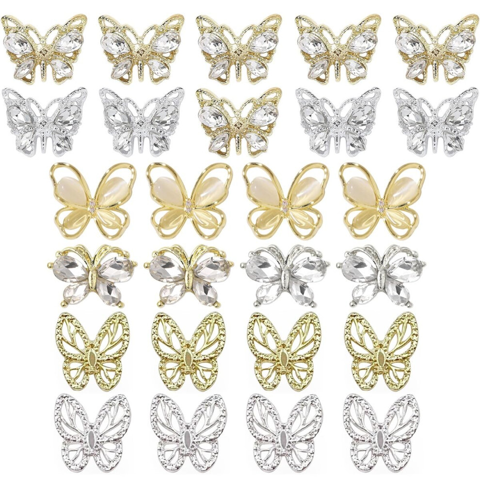 Qiipii Golden/Silver Big Butterfly Nail Charms, 26Pcs 3D Butterfly Charms For Acrylic Nails Butterflies Nail Rhinestones Gems Charms Alloy Studs Nail
