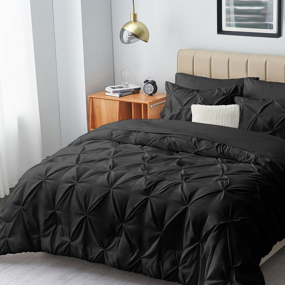 Parure de lit king size HIMEET 7 pi   ces avec couette pliss   e et housse de couette noire