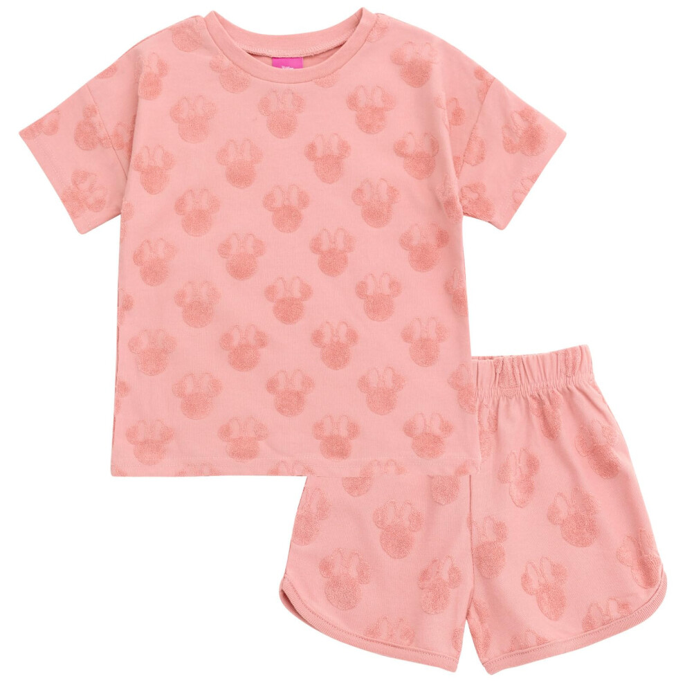 Disney Minnie Mouse Little Girls French Terry Drop Shoulder T-Shirt and Dolphin Shorts Outfit Set Pink 6