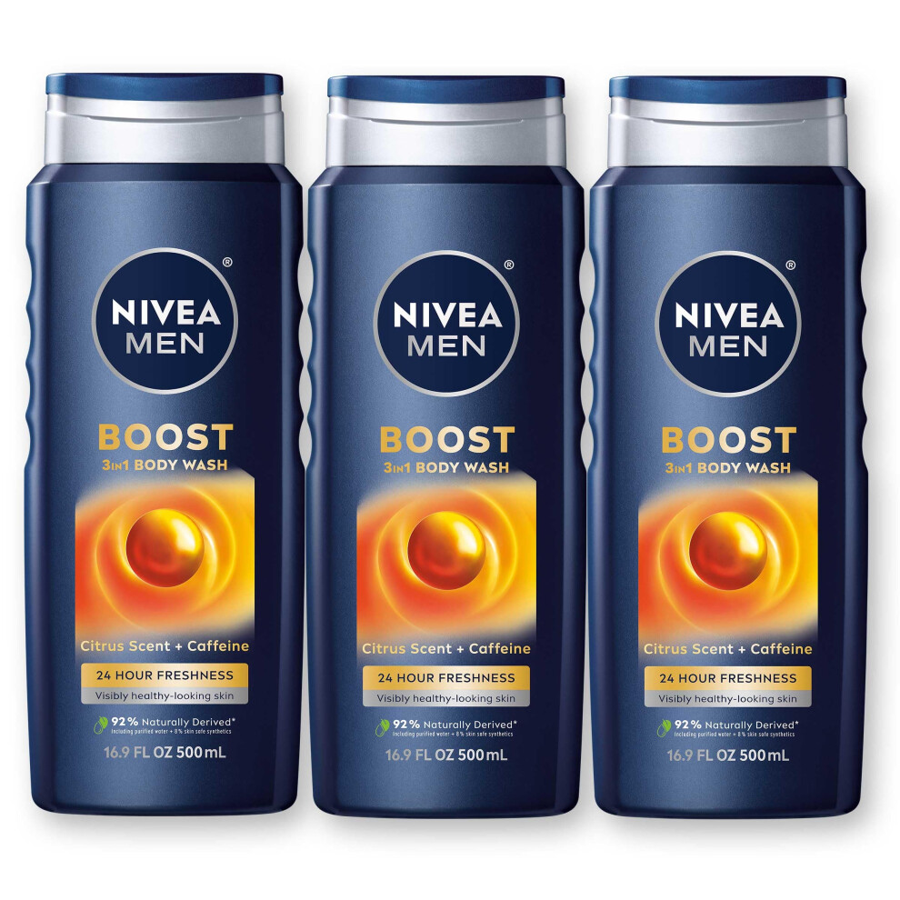 NIVEA MEN Boost 3-in-1 Body Wash, Citrus Scent and Caffeine Enriched Men's Body Wash Cleanses Face, Body and Hair, 16.9 Fl Oz Bottle- Pack of 3