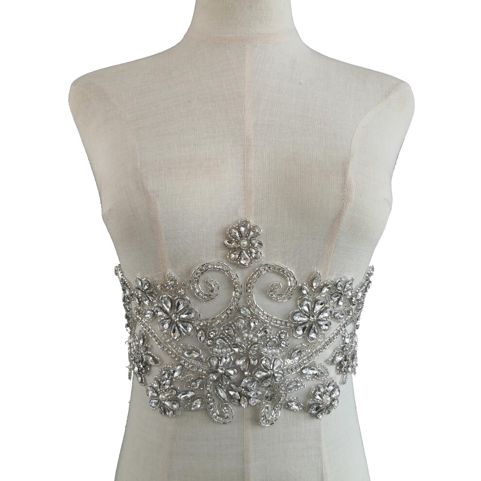 Jenniferwu Handmade beaded appliques Embroidered Glass Rhinestone Lace Beaded Apnplique with Sequins Trim lace Patches for Weddi