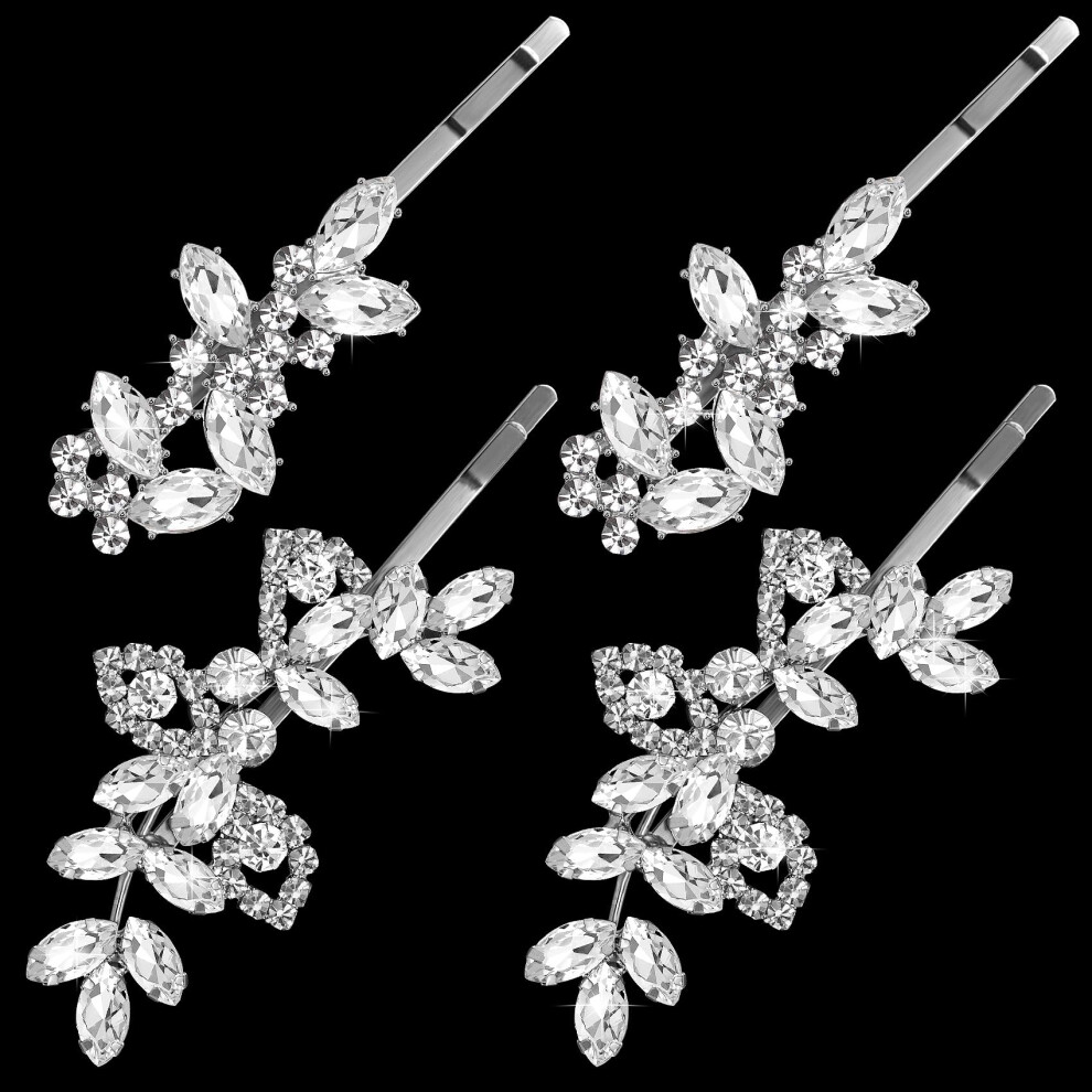 Isslly 4Pcs Silver Rhinestones Hair Clips, Bridal Crystal Hair Pins, 2 Styles French Hairpins Alloy Leaf Shape Barrettes For Women, Girls For Wedding,