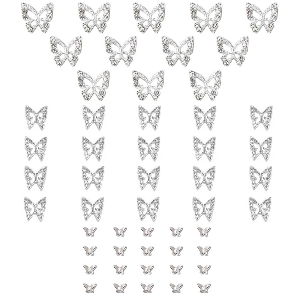 Qiipii Silver Butterfly Nail Charms, 52Pcs 3D Butterfly Charms For Acrylic Nails, 12 Butterflies Nail Rhinestones Gems Charms +40 Alloy Studs, Nail Ar