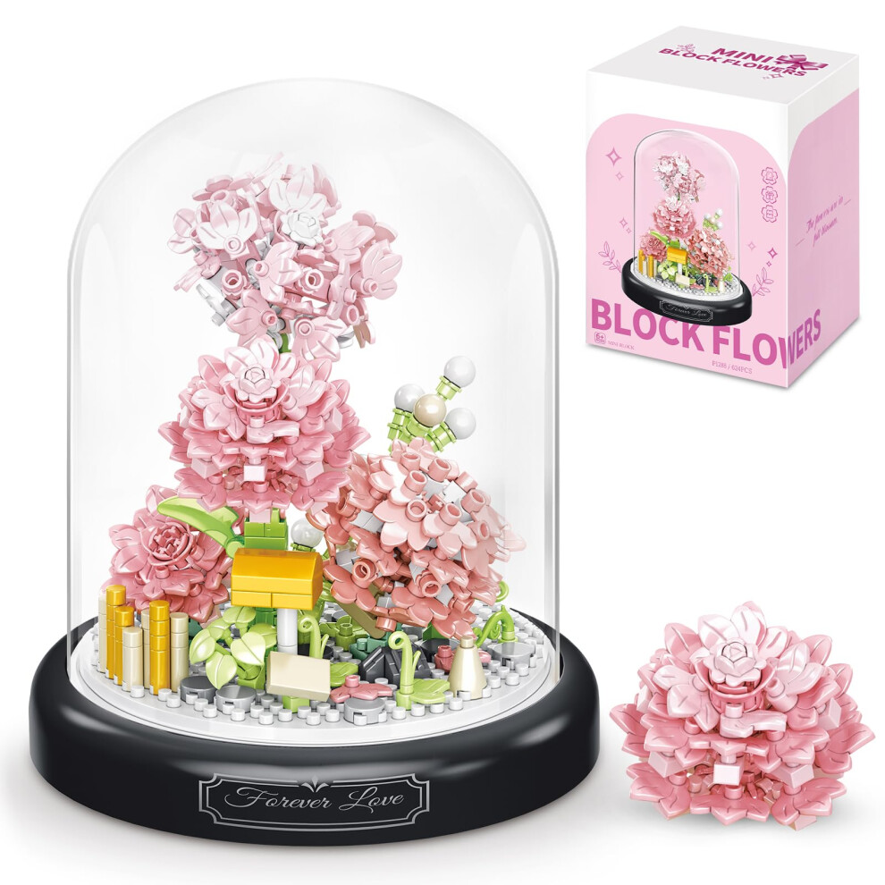 HIGH GODO Flower Bouquet Building Set with Dust Cover  624PCS Pink Rose Bonsai Tree Collection Kit  Birthday for Mom Women Girlfriend Adults 12+-image-OPC-PFY8QX5-NEW