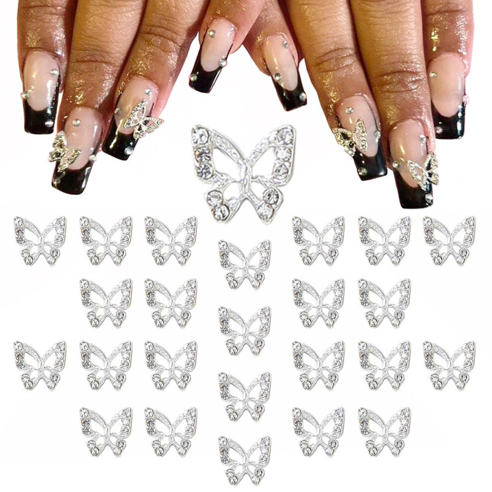 Qiipii Silver 24Pcs Butterfly Nail Charms Bulk 3D Charms For Acrylic Nails, Butterflies Nail Rhinestones Charms Nail Alloy Studs Nail Art Jewels Diamo