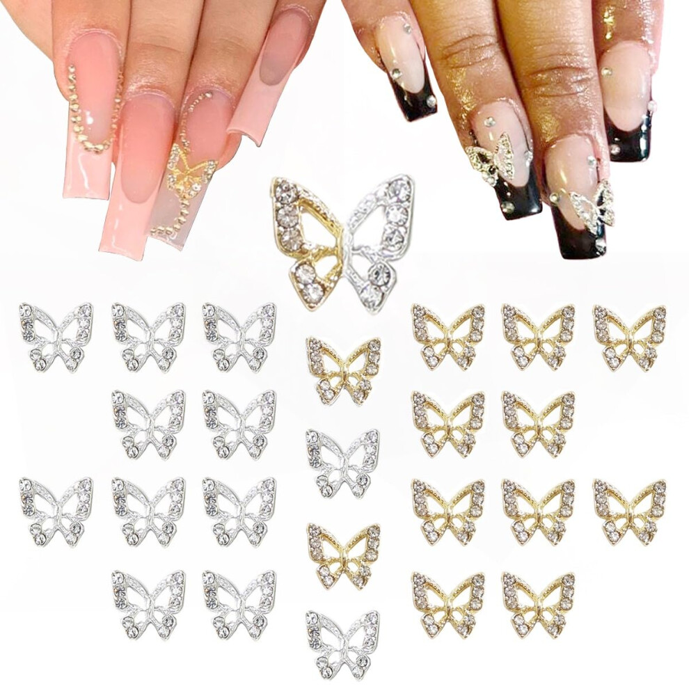 Qiipii Golden/Silver 24Pcs Butterfly Nail Charms Bulk 3D Charms For Acrylic Nails, Butterflies Nail Rhinestones Charms Nail Alloy Studs Nail Art Jewel