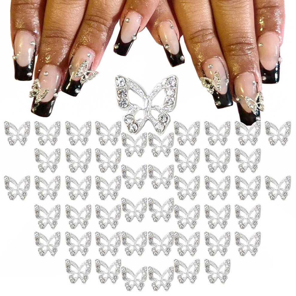 Qiipii Silver 48Pcs Butterfly Nail Charms Bulk 3D Charms For Acrylic Nails, Butterflies Nail Rhinestones Charms Nail Alloy Studs Nail Art Jewels Diamo