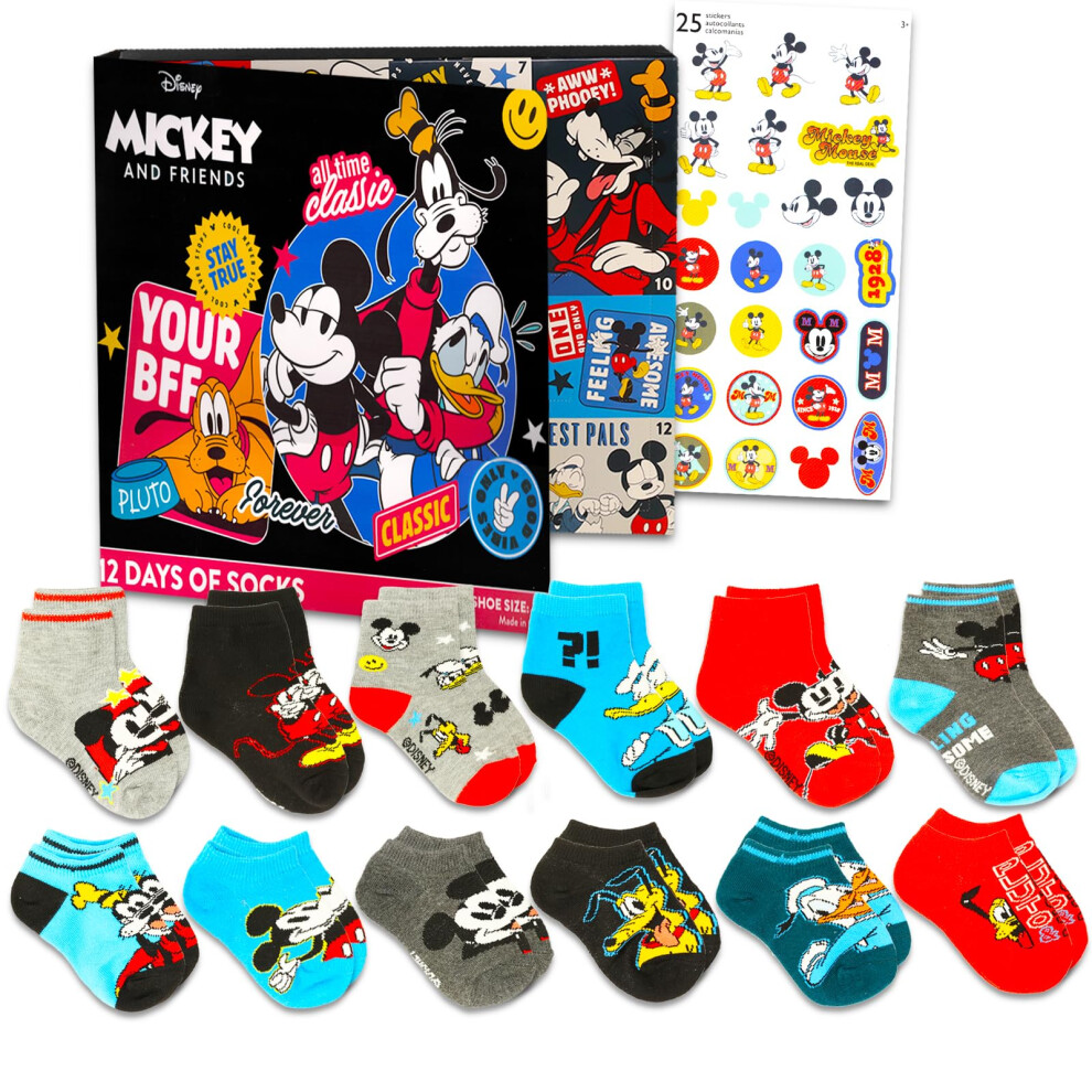 Mickey Mouse Christmas Advent Calendar Set - Bundle of 12 Pairs of Toddler Socks for Boys Size 4-7 Plus Stickers | Disney Sock Gift Box