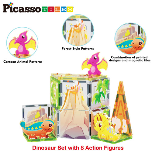PicassoTiles Μαγνητικά Τεμάχια Δομικών Κινουμένων Κόσμος Δεινοσαύρων με 8 Φιγούρες 2