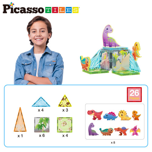 PicassoTiles Μαγνητικά Τεμάχια Δομικών Κινουμένων Κόσμος Δεινοσαύρων με 8 Φιγούρες 1