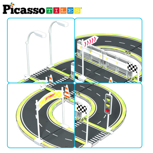 PicassoTiles Σετ Κατασκευών Μαγνητικών Τετραγώνων με Σημάδια Κυκλοφορίας 1