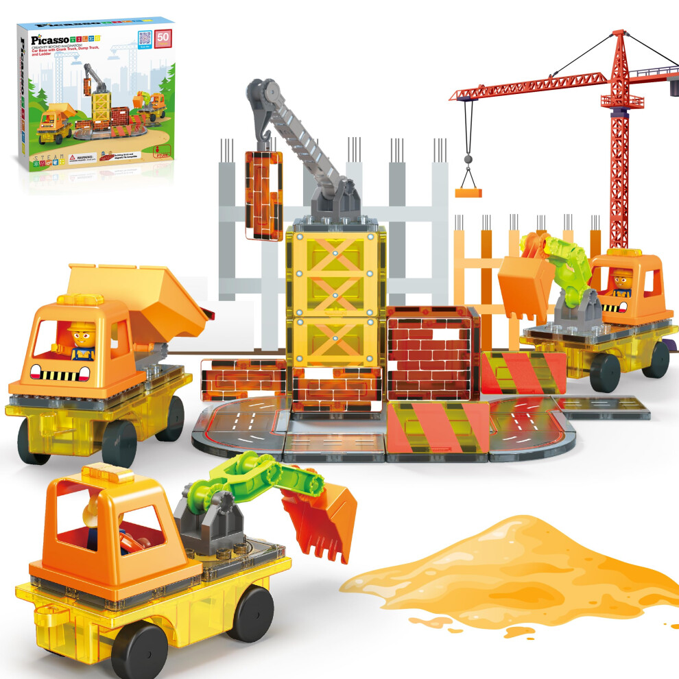 Photos - Construction Toy PicassoTiles Magnet Tile Construction Themed Building Blocks 5-in-1 Crane Ladder Dump Truck Excavator and Backhoe Action Fig