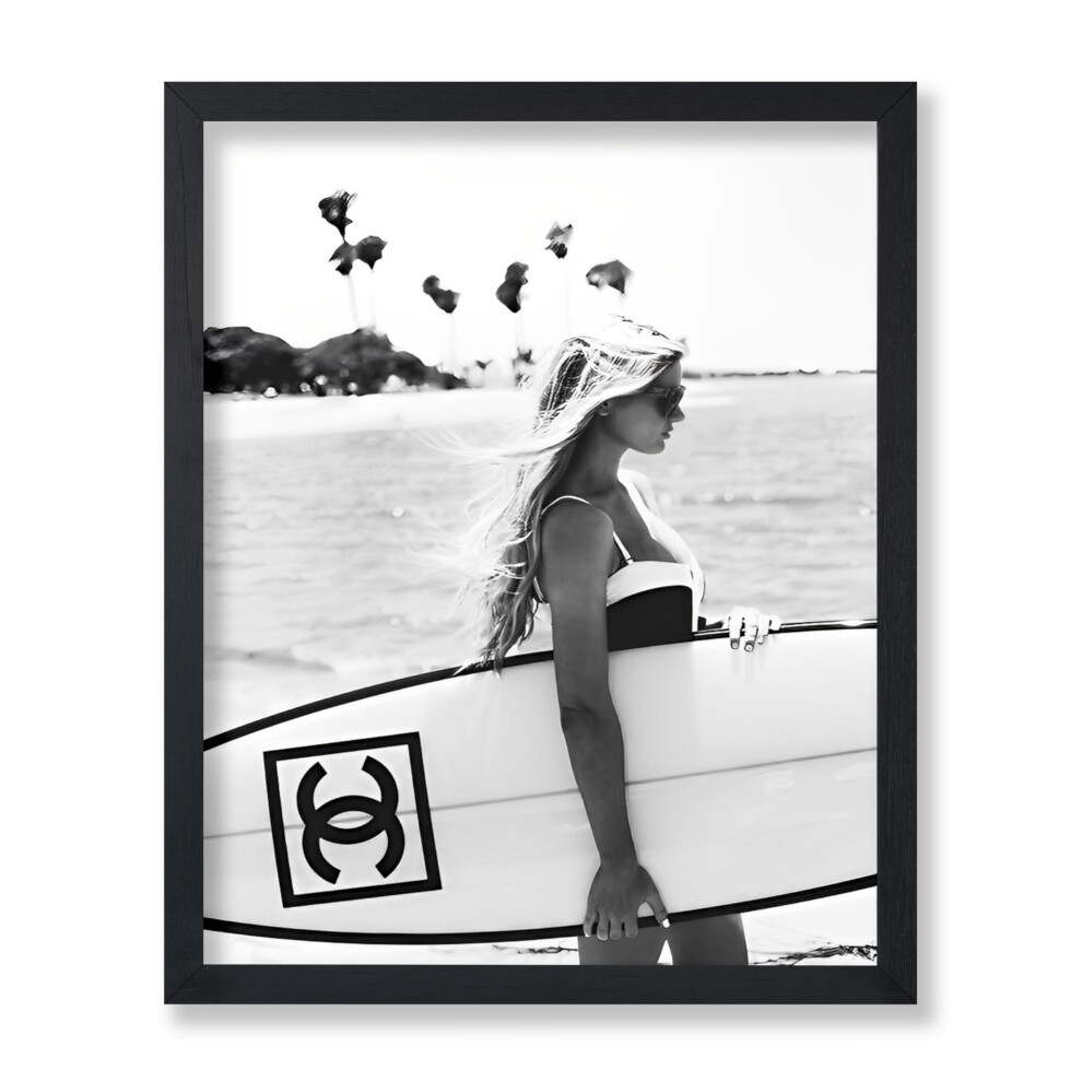 Poster Master - Affiche vintage - Impression mode - Cadeau pour ami artiste - Femme tenant une planche de surf blanche - Marque de luxe f   ministe