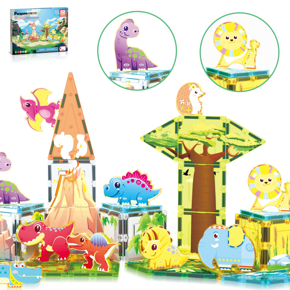 Photos - Construction Toy PicassoTiles Magnet Tiles Set Magnetic Building Blocks Safari Animals Dinosaur Theme with 16 Action Figure Construction Bloc