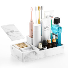 Luxspire Badkamer Counter Organizer Marmeren Tandenborstelhouder voor Badkamer 6 Slots Badkamer Vanity Organizer met Deksel Badkamer Organizer Aanrec