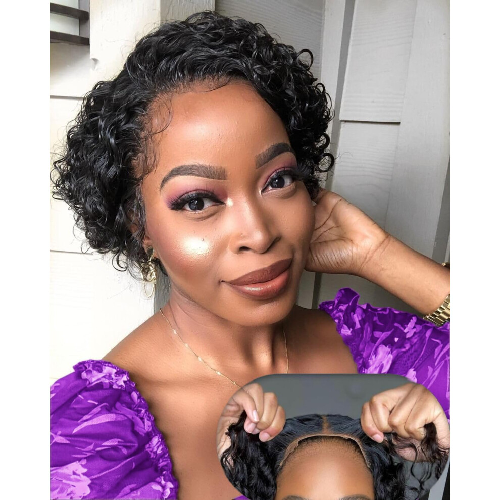 Wbth Unisex Pixie Cut Wig Human Hair 4X4 Hd Lace Short Curly Wigs Wear And Go Glueless Wigs Pre Plucked Pre Cut Short Curly Glueless Bob Wigs Human Hair For Women