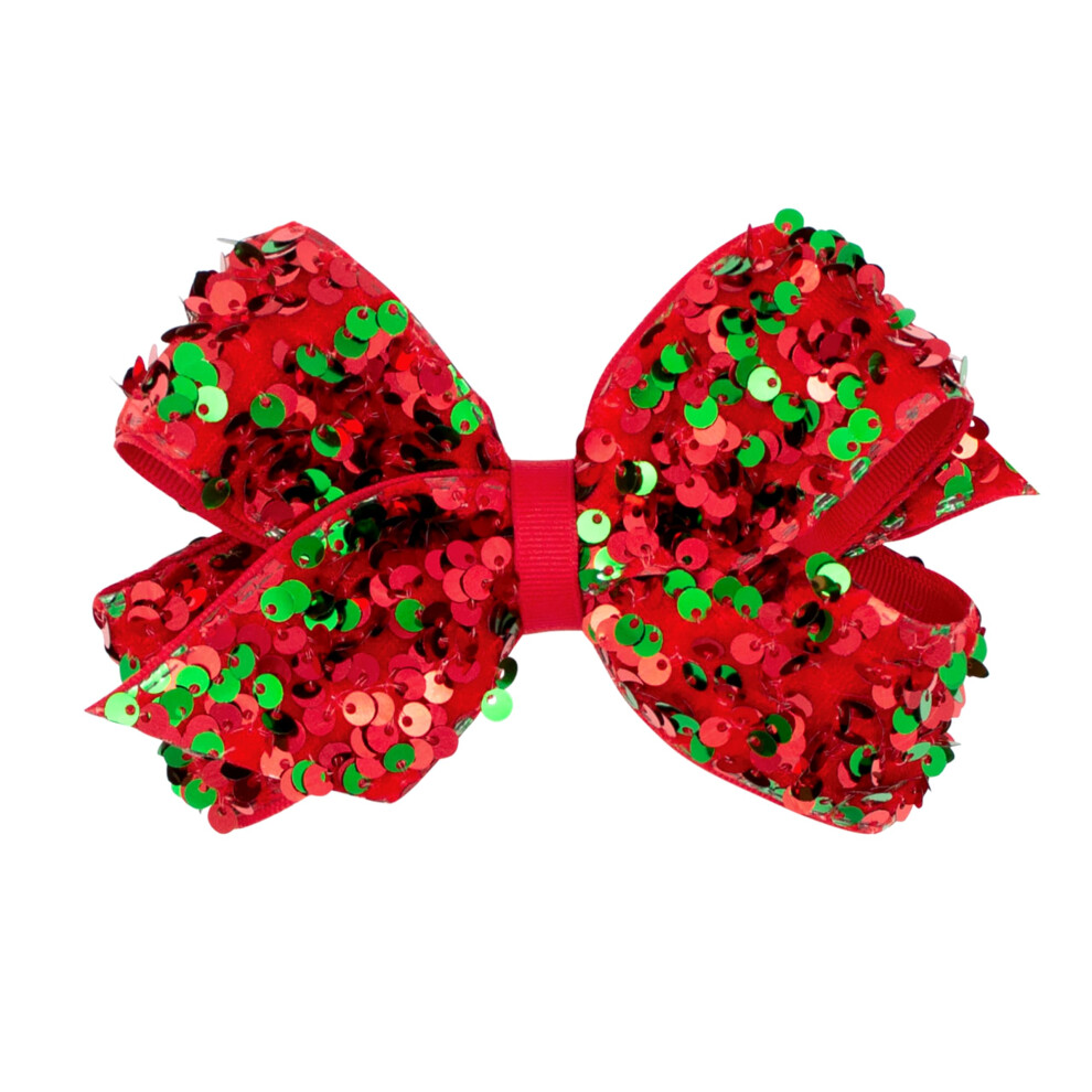 Fiocco Per Capelli Wee Ones Girls In Velluto Rosso E Verde Con Paillettes E Grosgrain, Rosso Medio-image