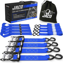 JACO Hochleistungs-Ratschengurte – 1,6 Zoll x 8 Fuß (4er-Pack) | Spannset mit weichen Schlaufen – 5.208 lbs (blau)