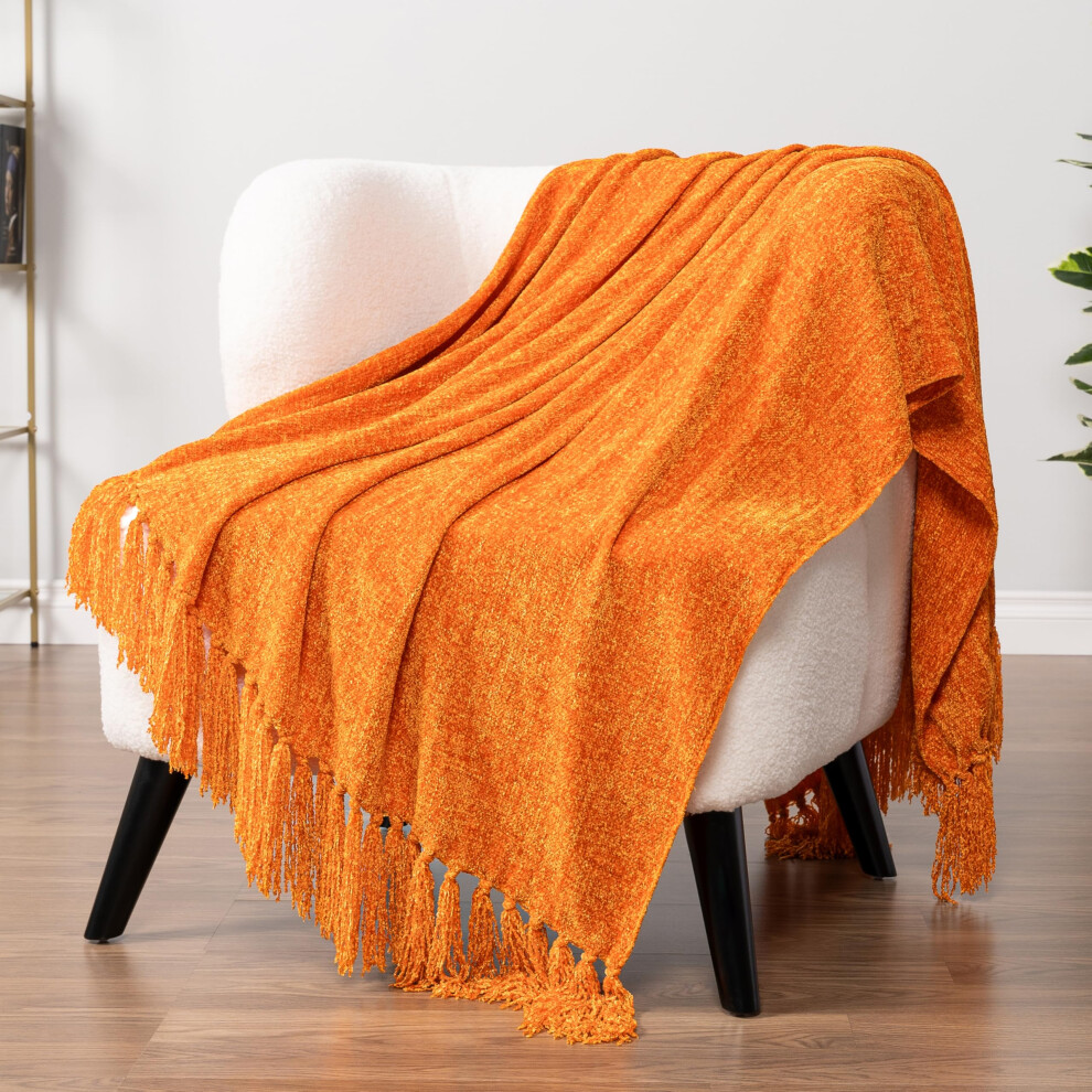 PAVILIA Couverture orange pour canapé Couverture en chenille pour canapé-lit Couverture tissée en tricot doux avec pompon Couverture décorative p