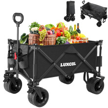 LUXCOL Collapsible Folding Wagon Heavy Duty Utility Beach Wagon Cart for Sand with Big Wheels Adjustable HandleDrink Holders
