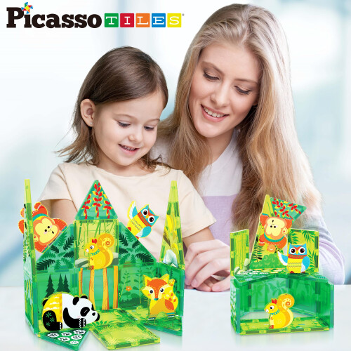 PicassoTiles Μαγνητικά Τουβλάκια Δομής με Θέμα Δασικών Ζώων 1