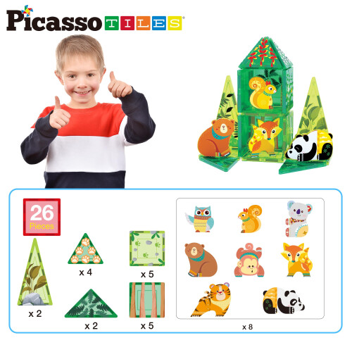 PicassoTiles Μαγνητικά Τουβλάκια Δομής με Θέμα Δασικών Ζώων 2