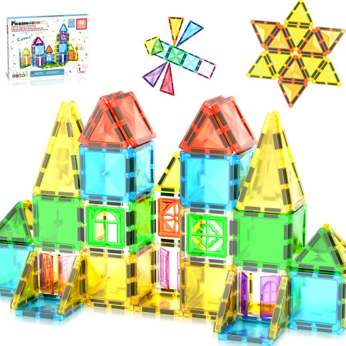 PicassoTiles Μαγνητικά Τουβλάκια 48 τεμ. Σετ Ταξιδιού με Παράθυρα και Πόρτες