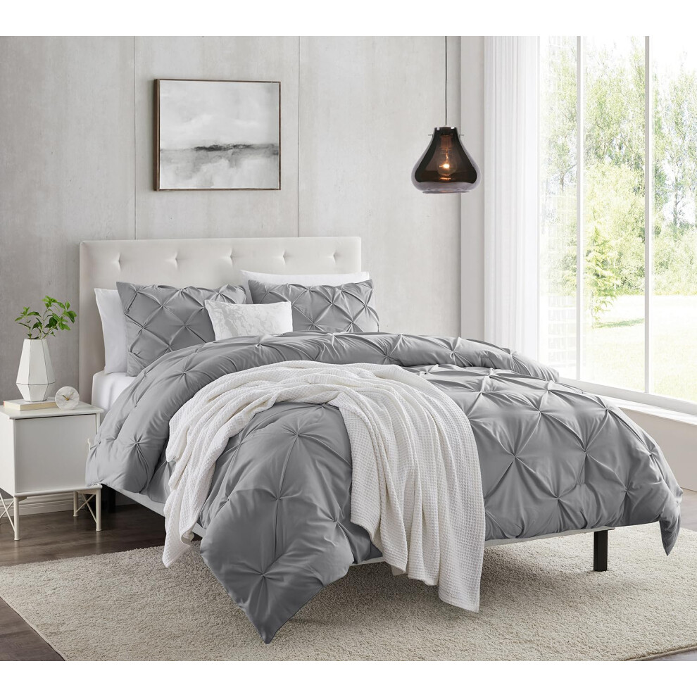 Copripiumino Nestl Grey King Size - Set Copripiumino Pintuck King Size, 3 Pezzi, Copripiumino Matrimoniale Spazzolato Con Chiusura A Bottoni, 1 C-image