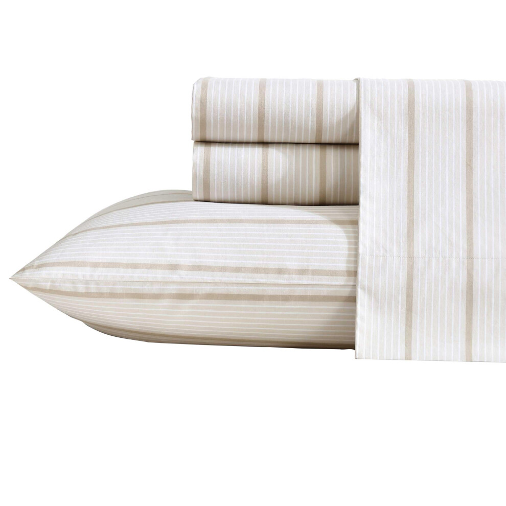 Nautica - Parure de lit en percale de coton de qualit    sup   rieure pour lit simple, motif ray   , certifi    Oeko-Tex (Merrick Stripe Beige Twin)