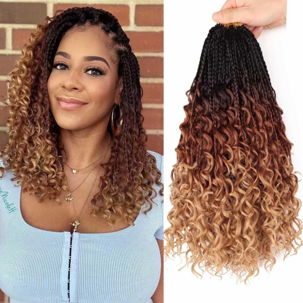 Mytarku 8 Packs Goddess Box Braids Crochet Hair Crochet Box Braids With Curly Ends Boho Bohemian Box Braid Hair 1B/30/27, 14 Inch 8 Pack